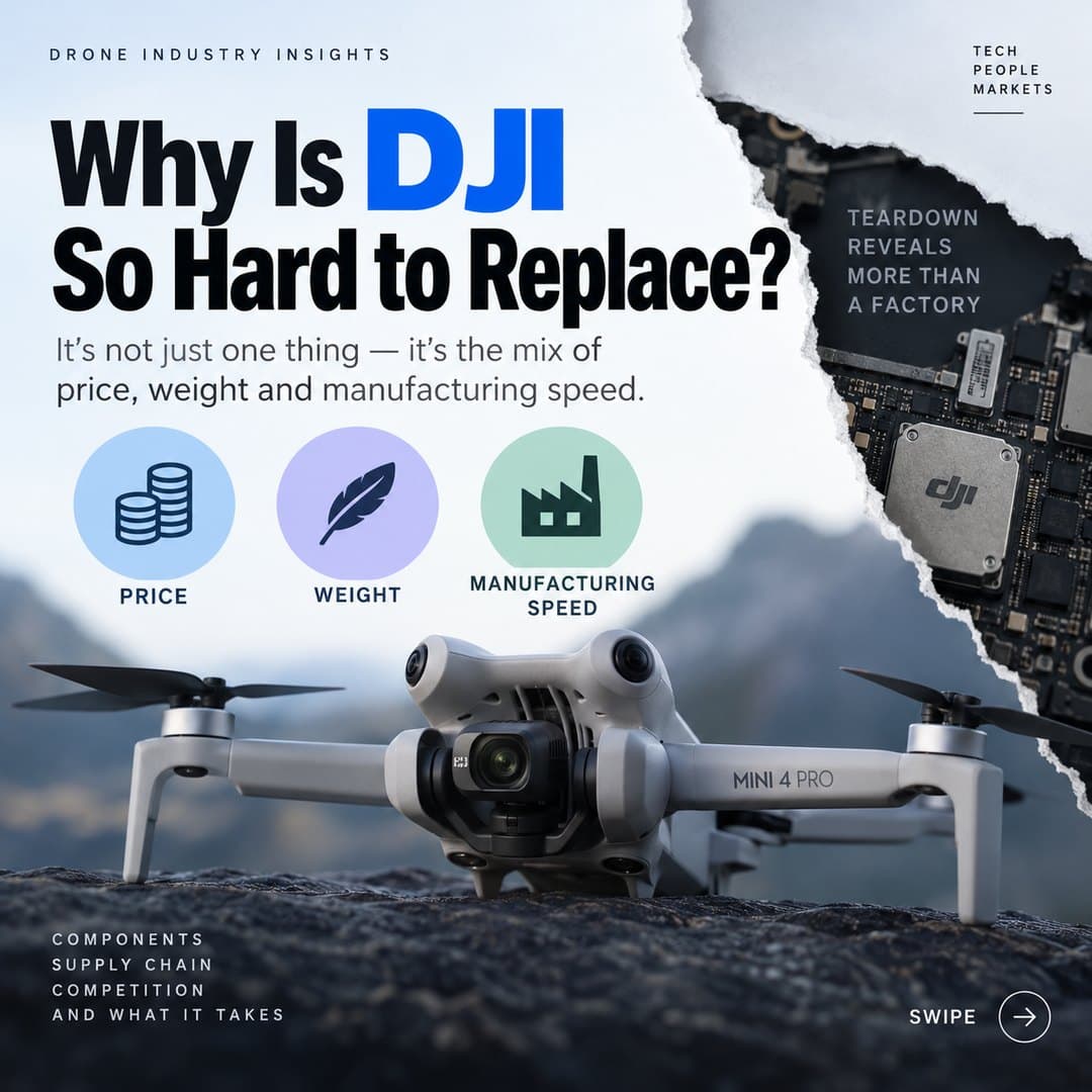 ChatGPT와 GPT 6 Astra로 만든 DJI 소개 카드. 스톡 이미지 같은 아이콘과 제각각인 서체가 빽빽하게 들어찬 레이아웃.